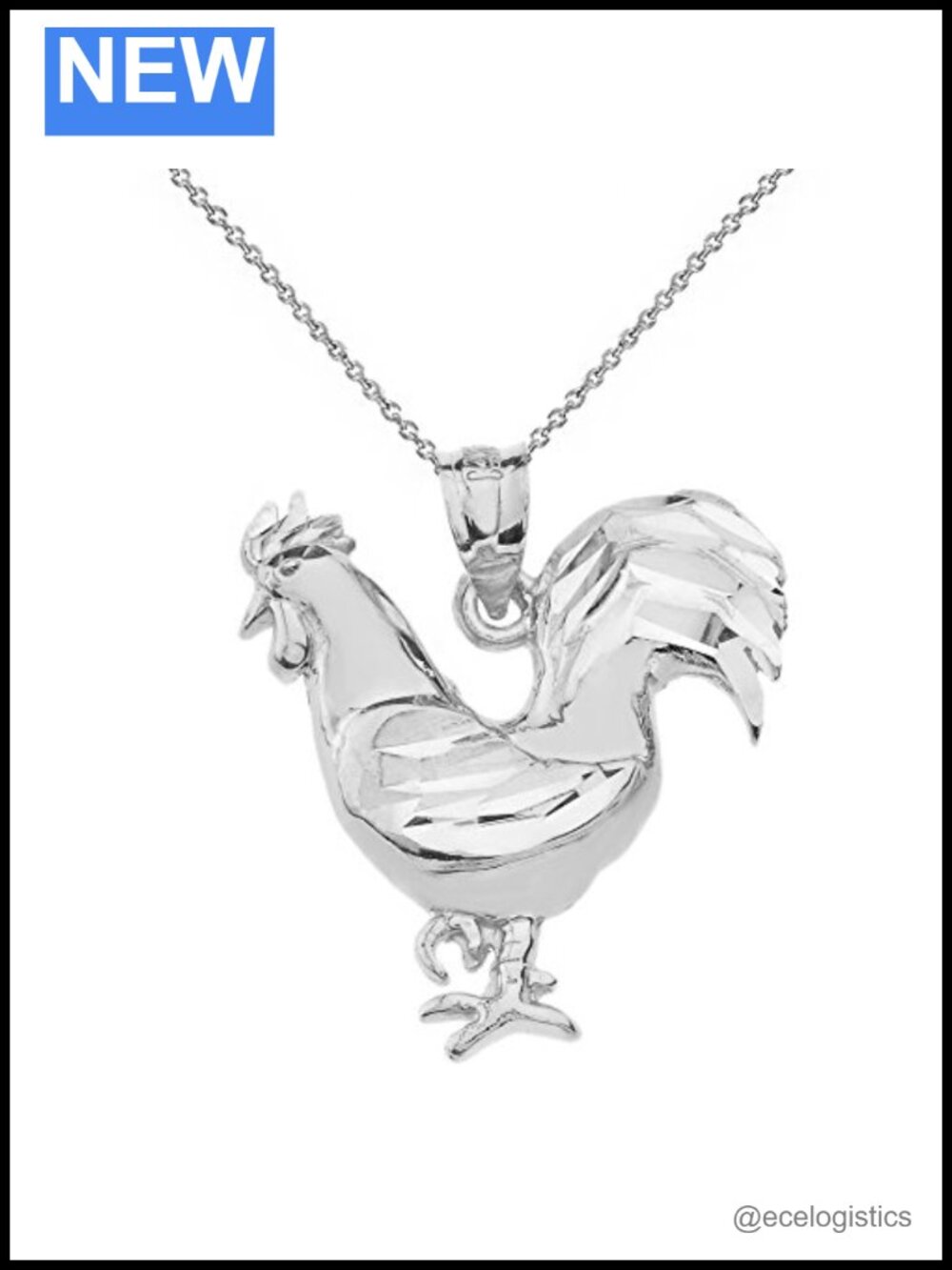 Sterling Silver Lucky Rooster Pendant Necklace 18" Rolo Chain